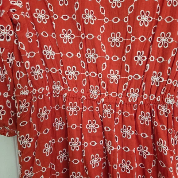 Vibrant Orange Red V-Neck Puff Sleeve Sundress - Picture 9 of 13